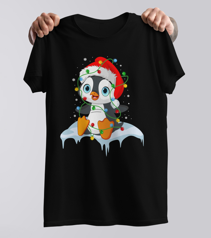 Baby Penguin Santa Christmas Lights Snowflakes T-Shirt