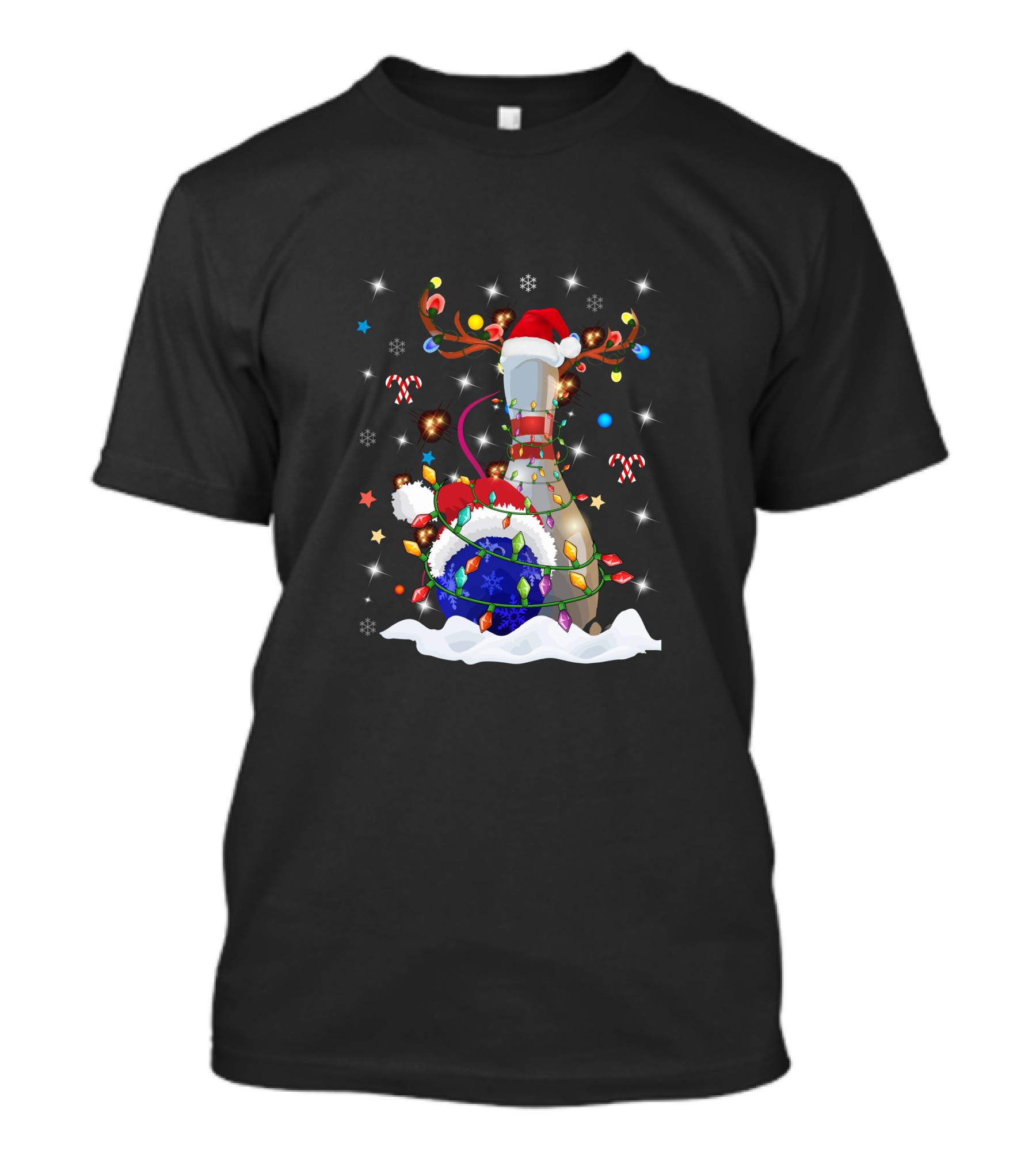 Christmas Bowling Pin With Lights And Santa Hats T-Shirt