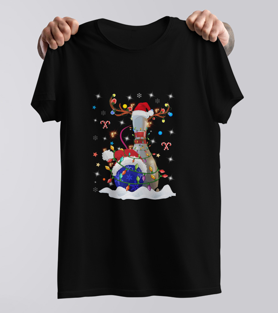 Christmas Bowling Pin With Lights And Santa Hats T-Shirt