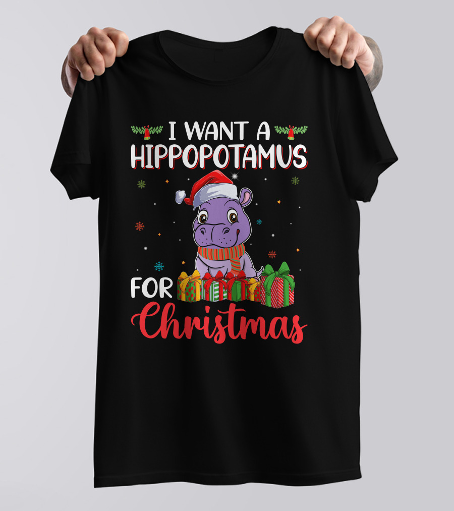 I Want A Hippopotamus For Christmas Santa Hat Present Boxes T-Shirt