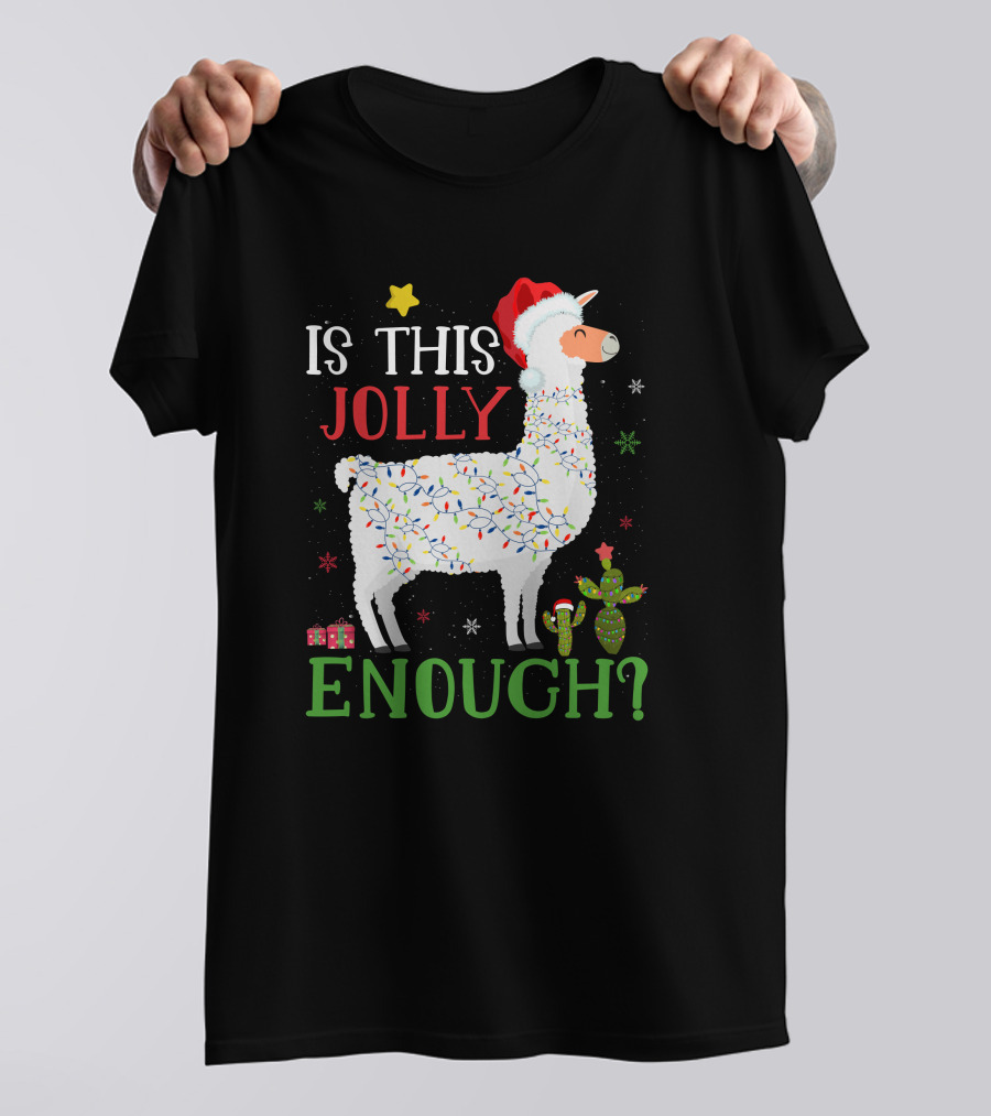 Is This Jolly Enough Christmas Lights Llama Santa Hat T-Shirt