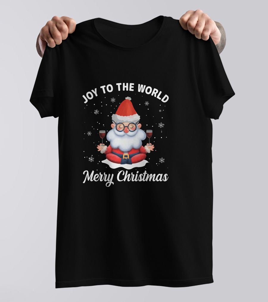 Joy To The World Merry Christmas Santa Meditation With Wine Snowflakes T-Shirt