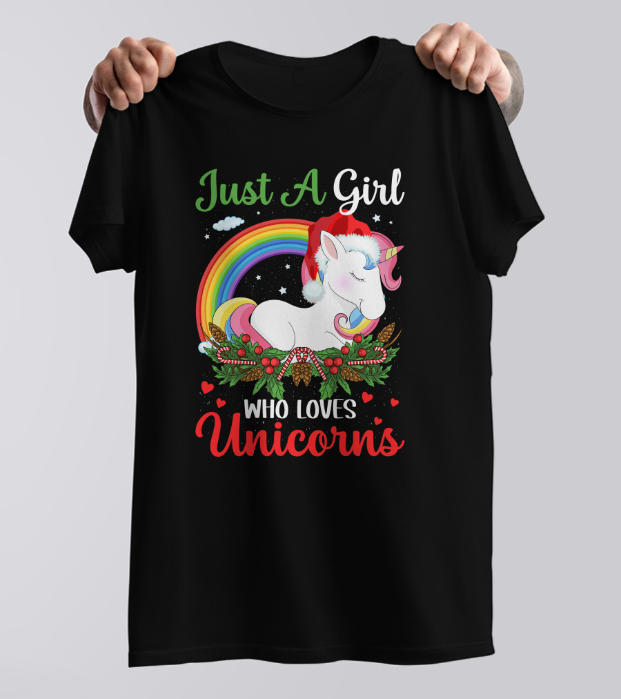 Just A Girl Who Loves Unicorns Rainbow Christmas Santa Hat T-Shirt