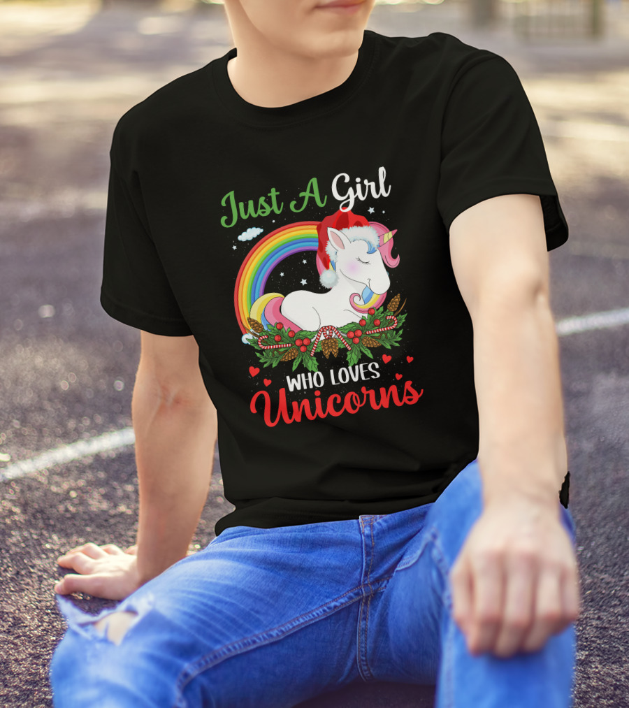 Just A Girl Who Loves Unicorns Rainbow Christmas Santa Hat T-Shirt