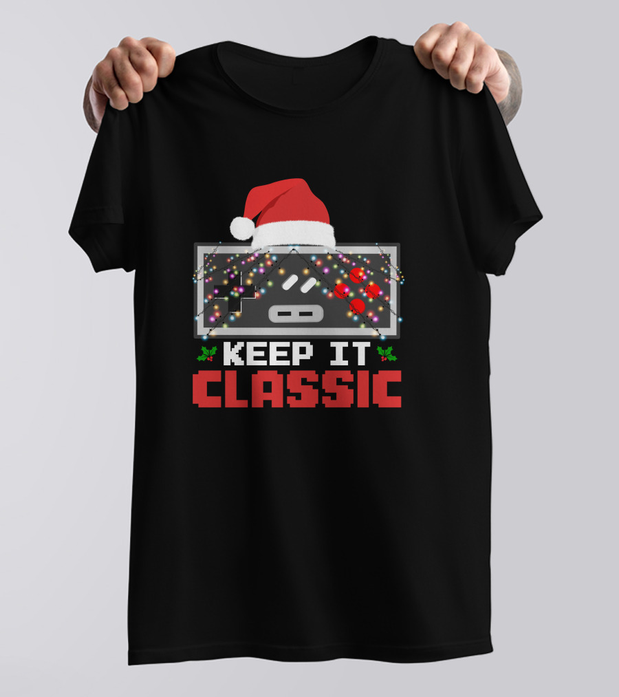 Keep It Classic Christmas Day Retro Controller Santa Hat Lights T-Shirt
