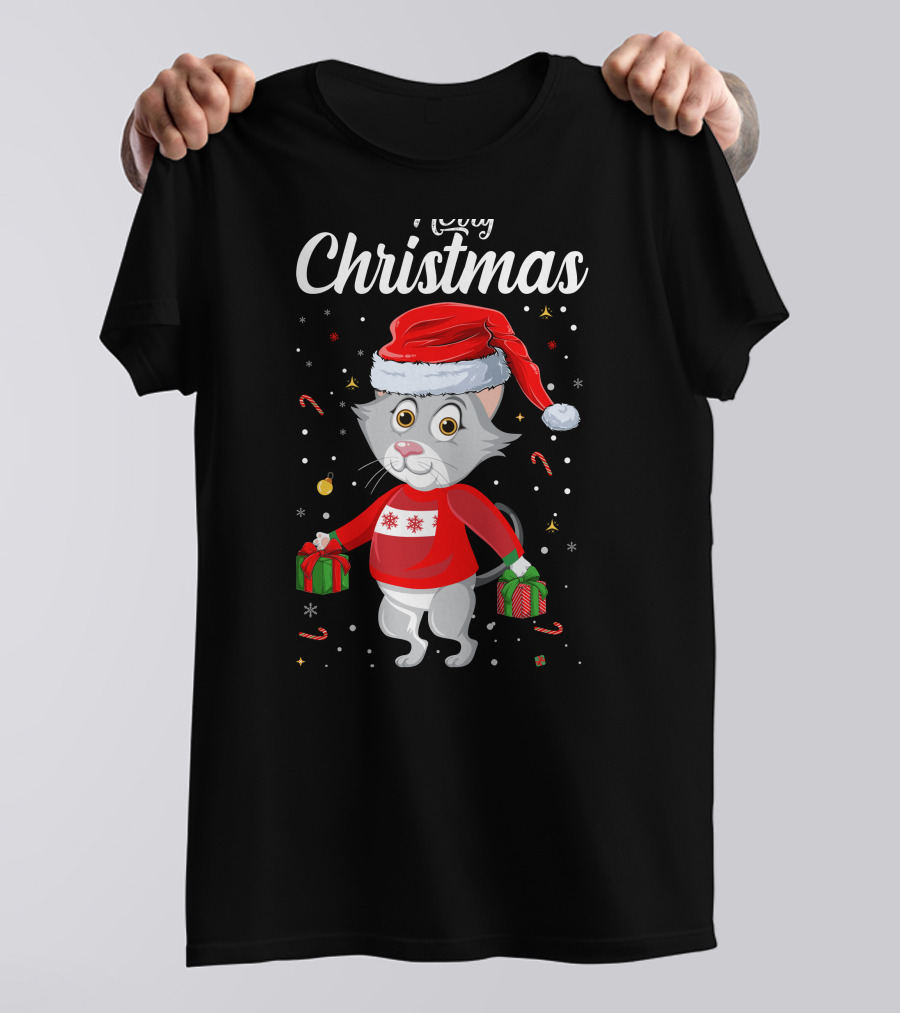 Merry Christmas Catboy With Santa Hat And Gifts T-Shirt