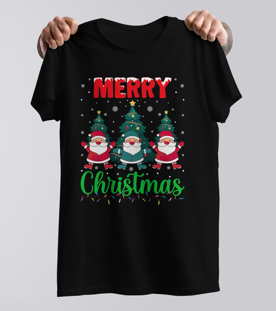Merry Christmas Santa Gnome Snowflakes Trees Stars Lights T-Shirt