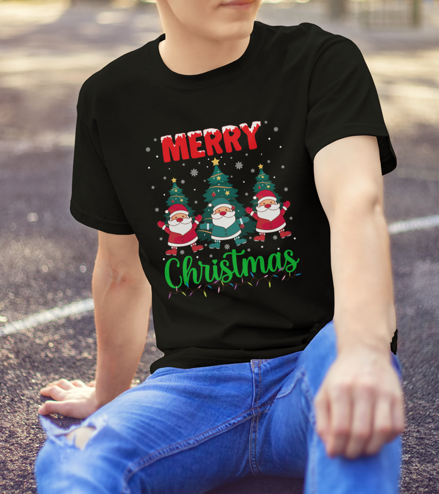 Merry Christmas Santa Gnome Snowflakes Trees Stars Lights T-Shirt