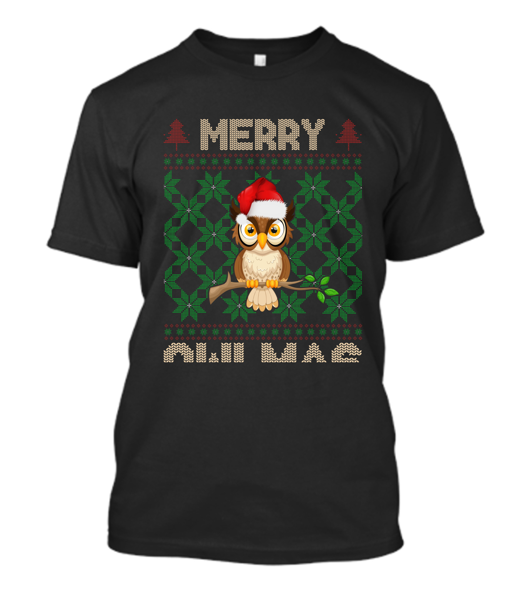 Merry Christmas Owl With Santa Hat And Knitted Tree T-Shirt