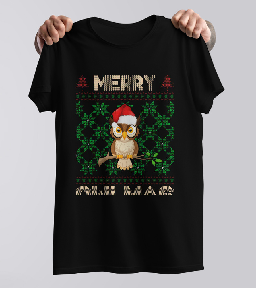 Merry Christmas Owl With Santa Hat And Knitted Tree T-Shirt