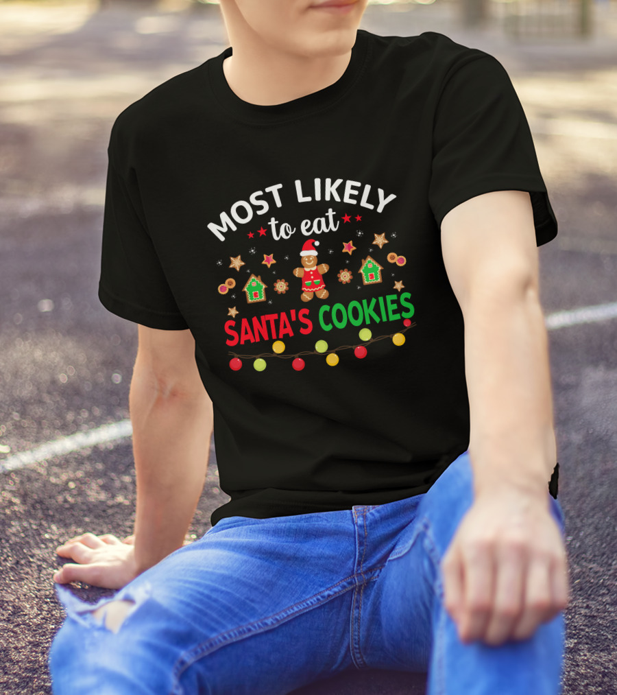 Most Likely To Eat Santa's Cookies Gingerbread Garland Christmas Lights T-Shirt