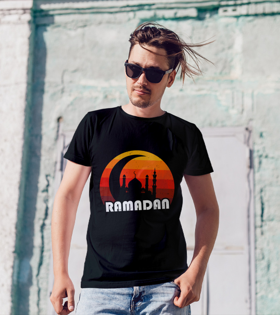 Ramadan Mosque Silhouette Crescent Moon Sunset Background T-Shirt
