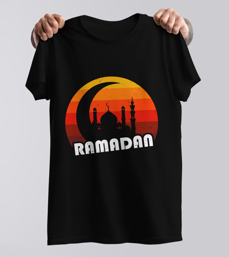 Ramadan Mosque Silhouette Crescent Moon Sunset Background T-Shirt