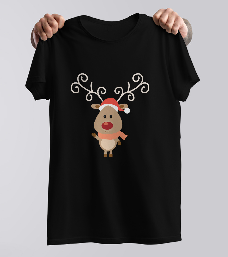 Christmas Reindeer Wear Scarf Cute Cartoon With Santa Hat T-Shirt