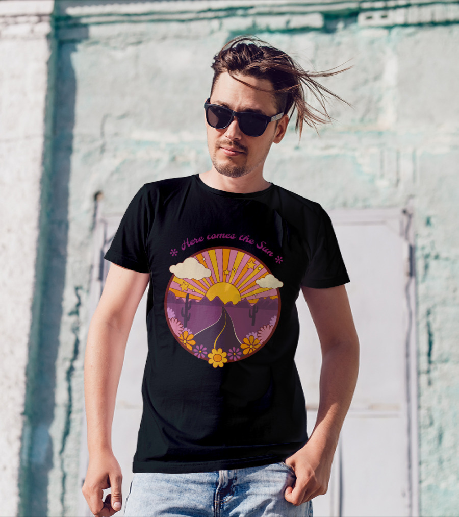 Here Comes The Sun Groovy Sunburst Desert Road With Flowers And Stars T-Shirt