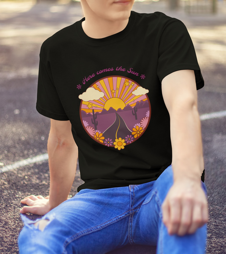 Here Comes The Sun Groovy Sunburst Desert Road With Flowers And Stars T-Shirt