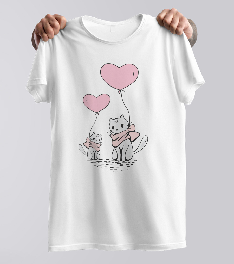 Cute Cat Mom And Daughter With Heart Balloons T-Shirt