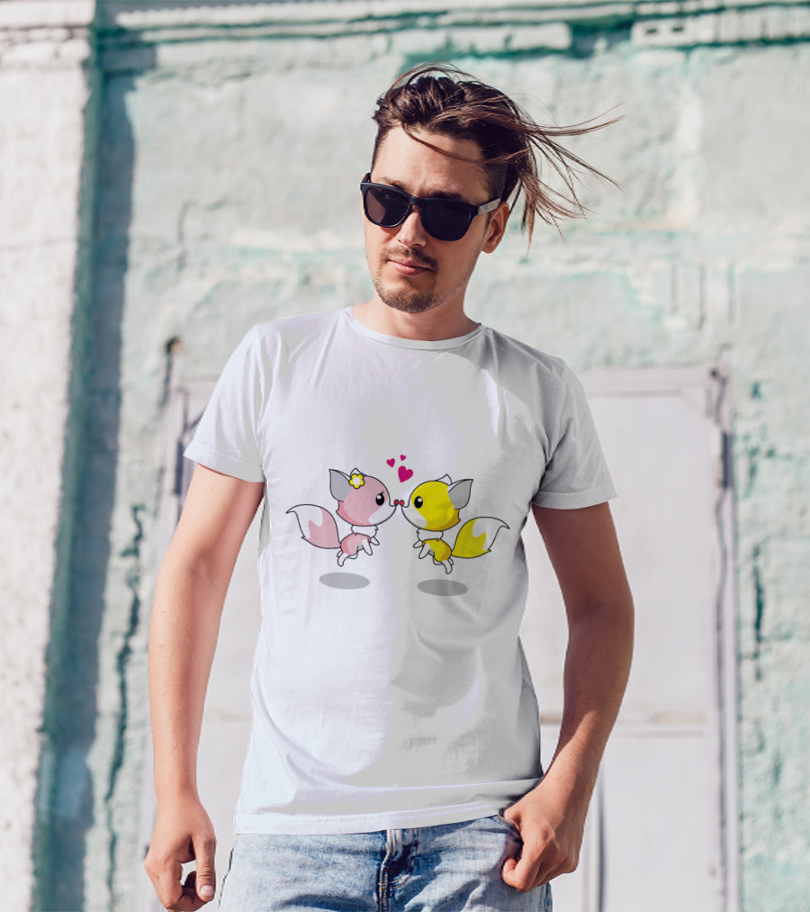 Cute Foxes In Love Kissing Hearts Blossom Yellow Pink Foxes T-Shirt