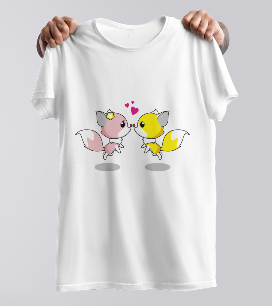 Cute Foxes In Love Kissing Hearts Blossom Yellow Pink Foxes T-Shirt