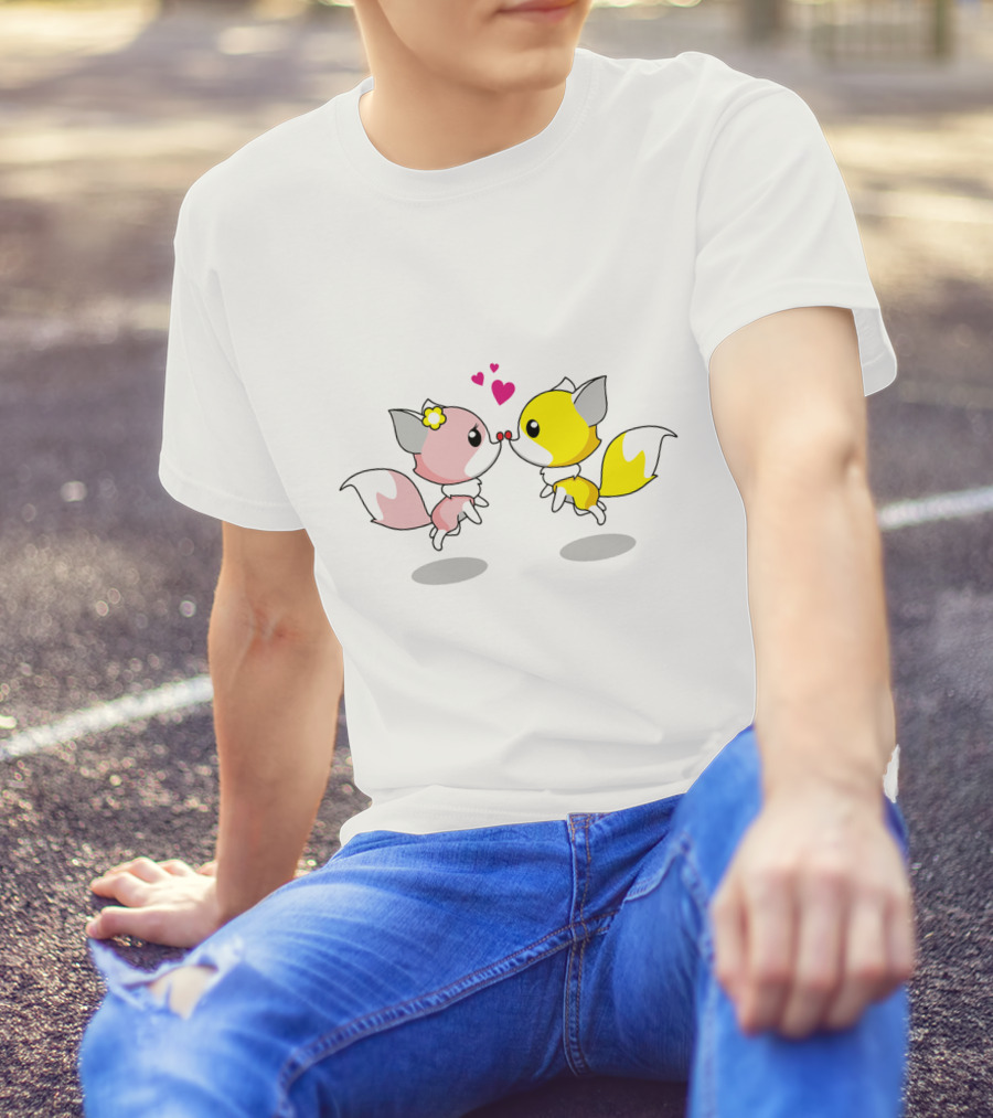 Cute Foxes In Love Kissing Hearts Blossom Yellow Pink Foxes T-Shirt