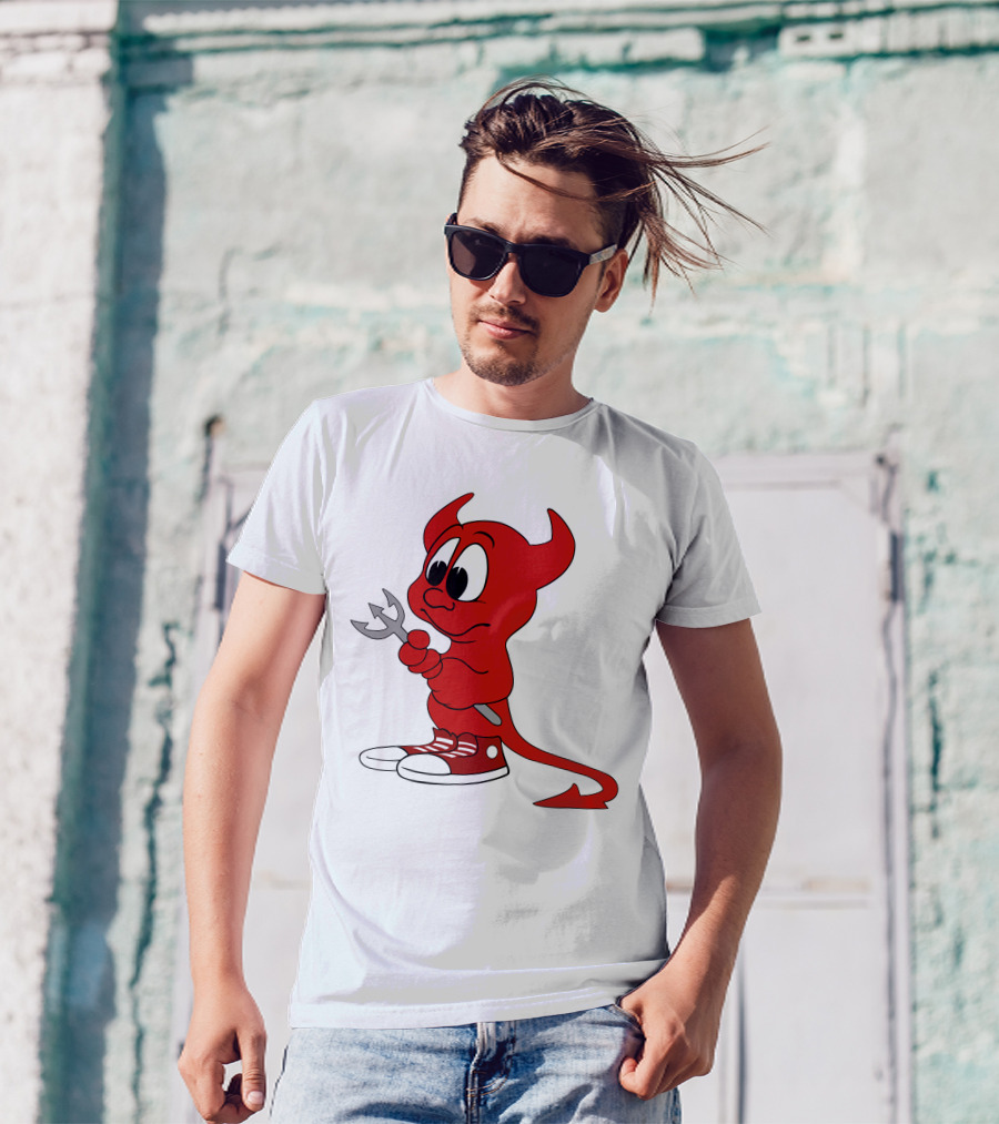 Devil In Sneakers Holding Pitch Fork Cartoon T-Shirt