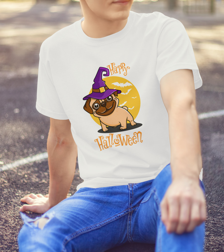 Happy Halloween Dog Witch Hat Full Moon Bats T-Shirt