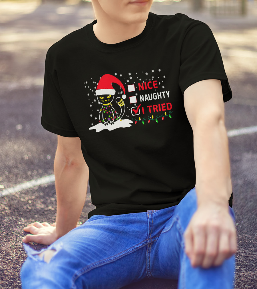 Nice Naughty Tried Christmas Cat Santa Hat Festive Lights T-Shirt