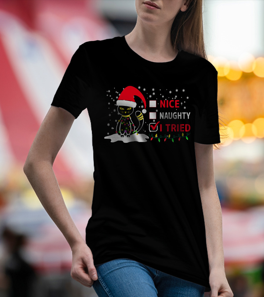 Nice Naughty Tried Christmas Cat Santa Hat Festive Lights T-Shirt