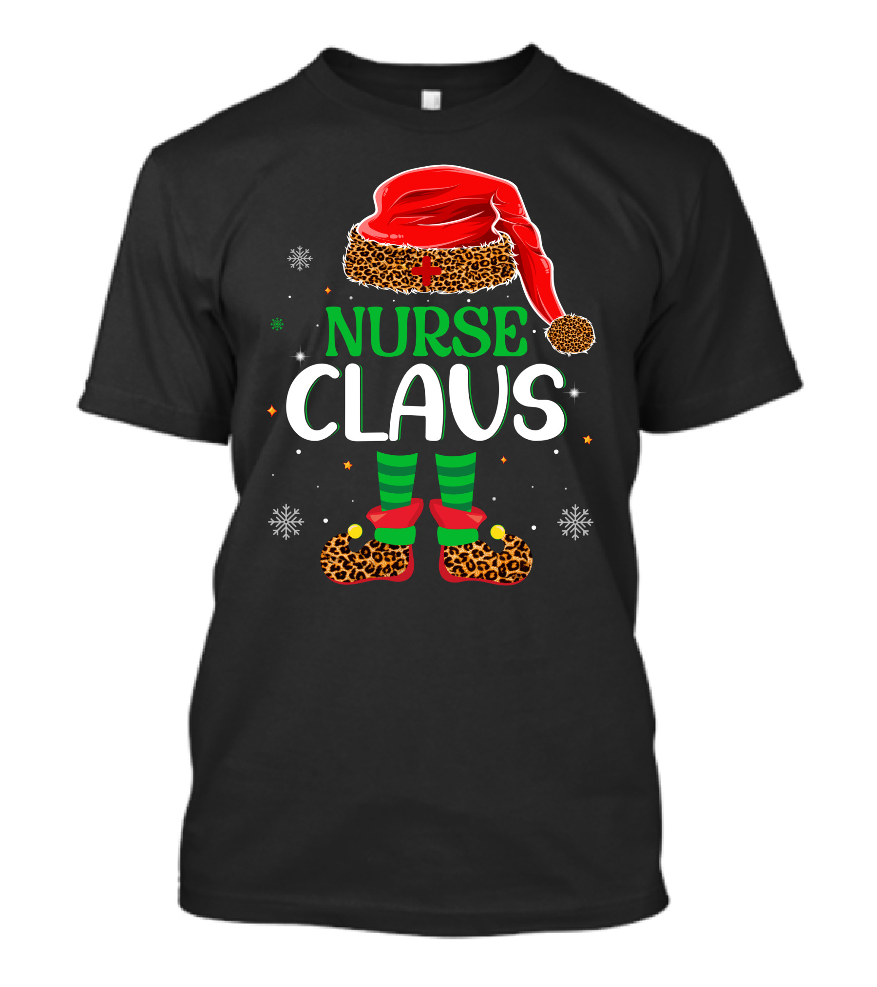 Nurse Claus Christmas Santa Hat Leopard Print Snowflakes T-Shirt