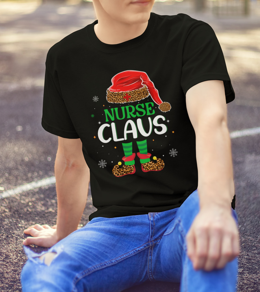 Nurse Claus Christmas Santa Hat Leopard Print Snowflakes T-Shirt