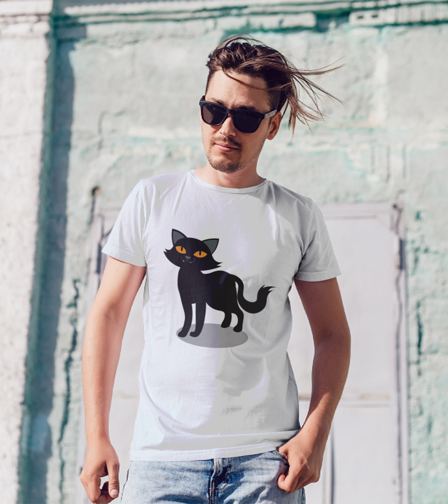 Cartoon Black Cat Illustration With Orange Eyes And Shadow T-Shirt