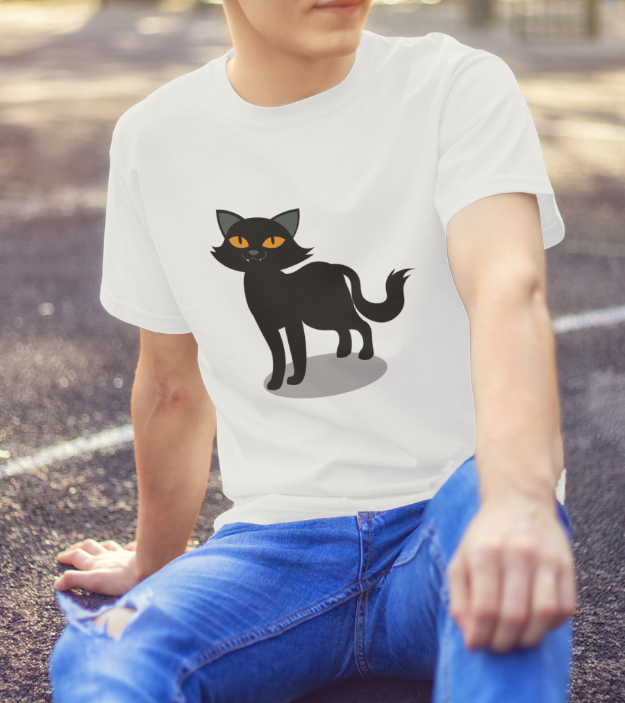 Cartoon Black Cat Illustration With Orange Eyes And Shadow T-Shirt