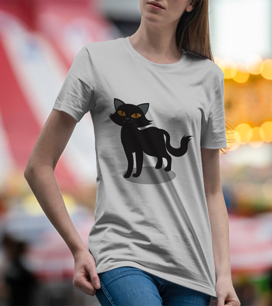 Cartoon Black Cat Illustration With Orange Eyes And Shadow T-Shirt