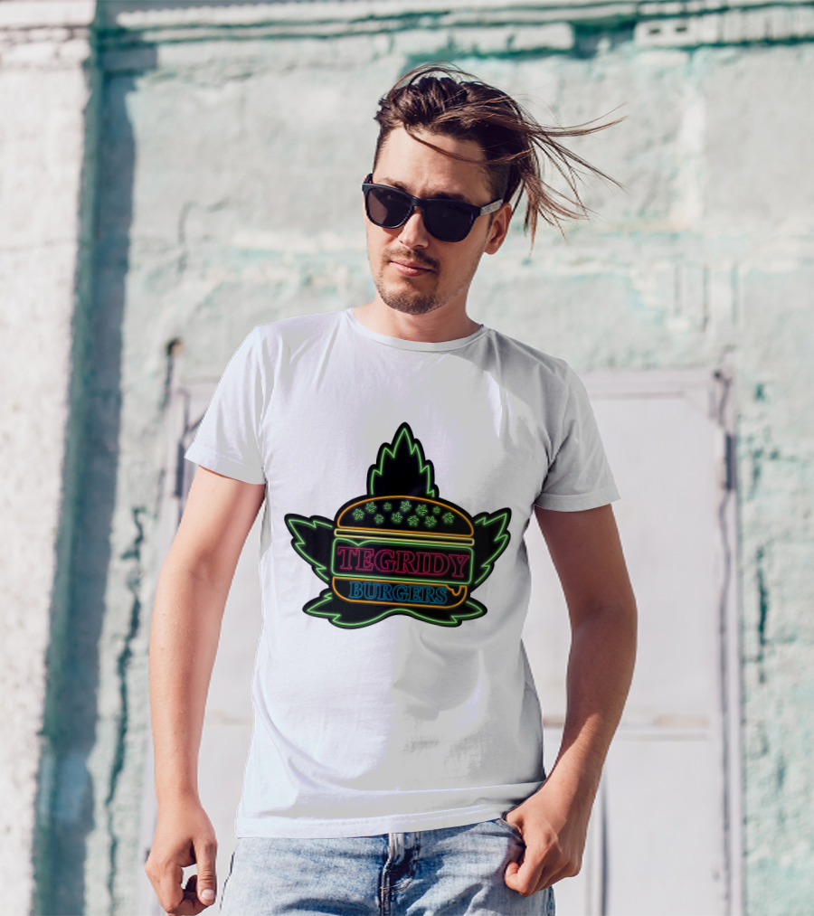 Tegridy Burgers Neon Sign With Leaf And Burger Outline T-Shirt