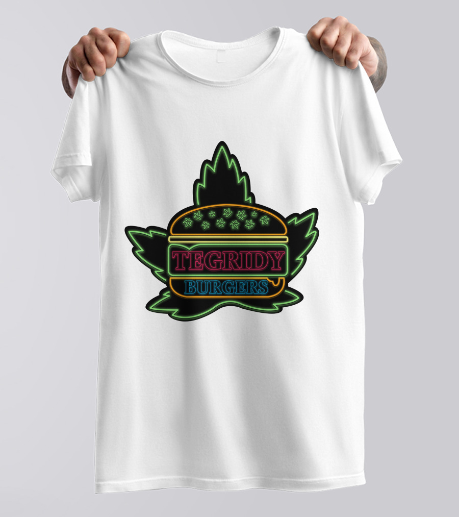 Tegridy Burgers Neon Sign With Leaf And Burger Outline T-Shirt