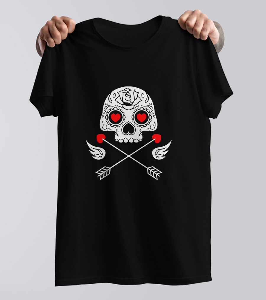Cupido Valentines Day Sugar Skull With Hearts And Arrows T-Shirt