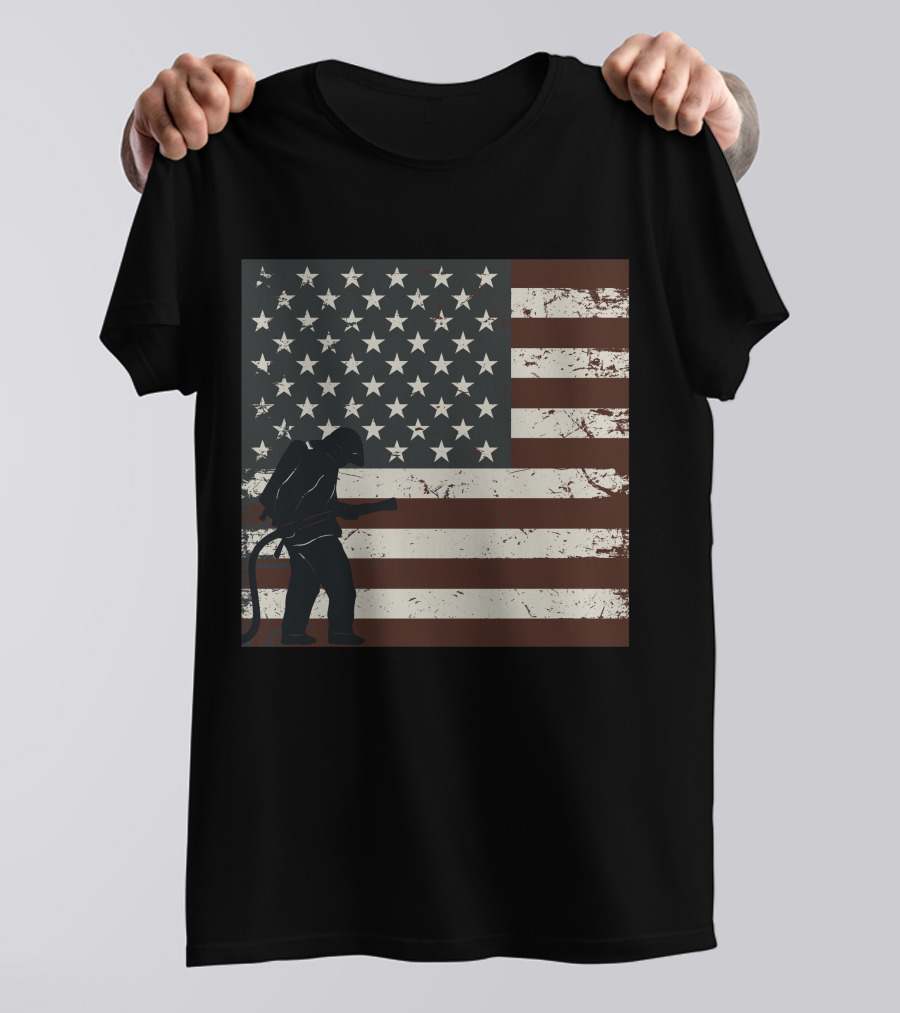 Fireman Silhouette Distressed American Flag T-Shirt