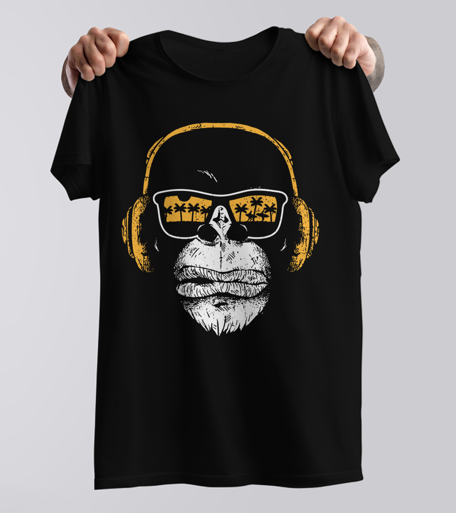 Monkey With DJ Headphones Sunglasses Palm Trees T-Shirt