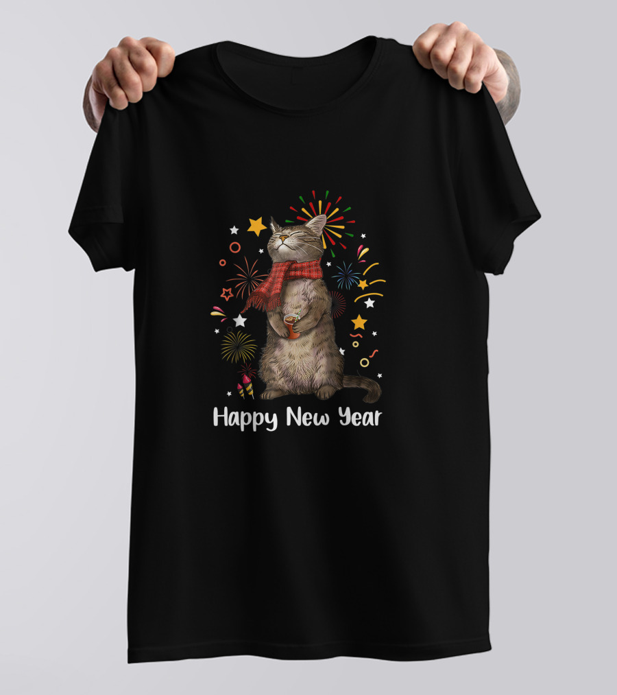 Happy New Year Cat With Fireworks And Stars T-Shirt