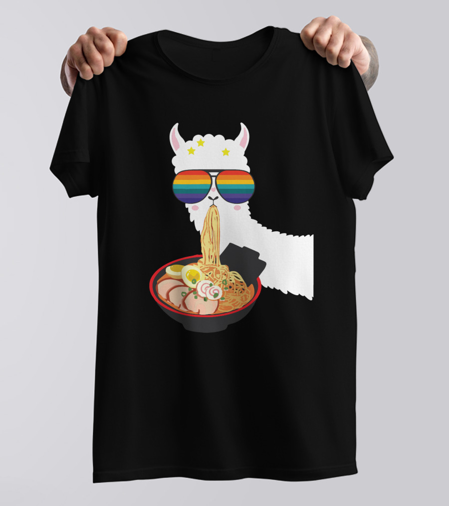 Rainbow Sunglasses LLama Eating Ramen Japanese Anime T-Shirt