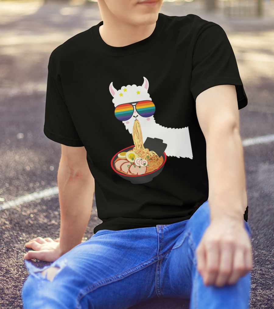 Rainbow Sunglasses LLama Eating Ramen Japanese Anime T-Shirt