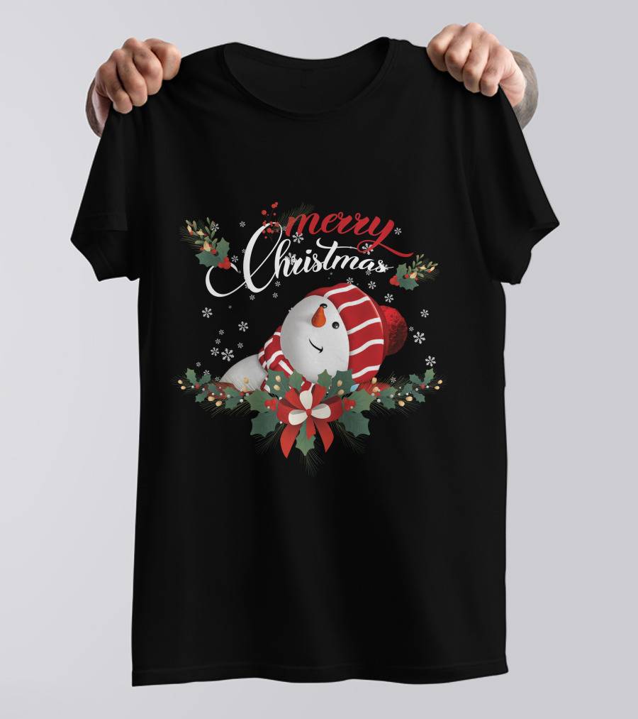 Merry Christmas Snowman With Holly And Snowflakes T-Shirt