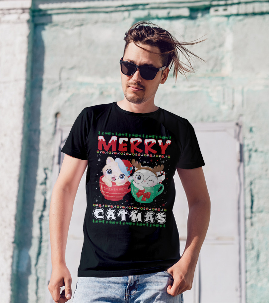 Merry Catmas With Festive Cats In Holiday Mugs T-Shirt