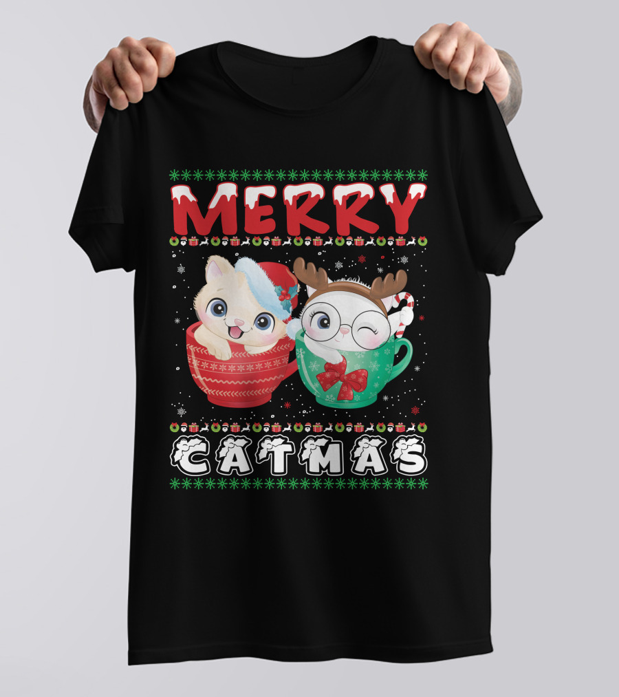 Merry Catmas With Festive Cats In Holiday Mugs T-Shirt