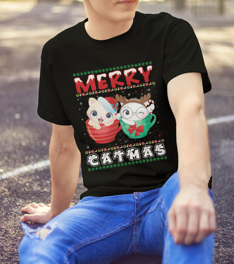 Merry Catmas With Festive Cats In Holiday Mugs T-Shirt