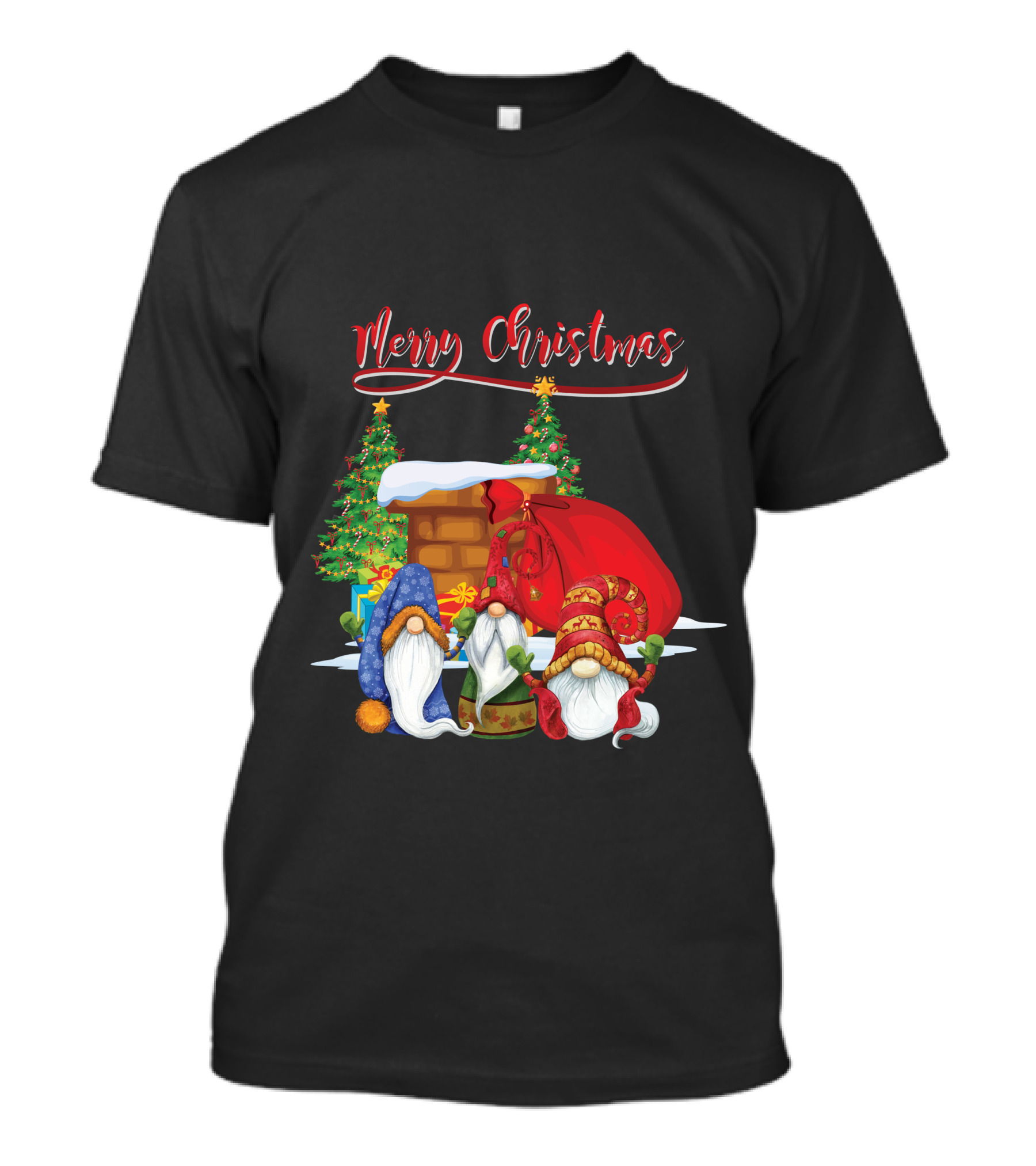 Merry Christmas Funny Gnomes With Santa's Sack And Festive Trees T-Shirt