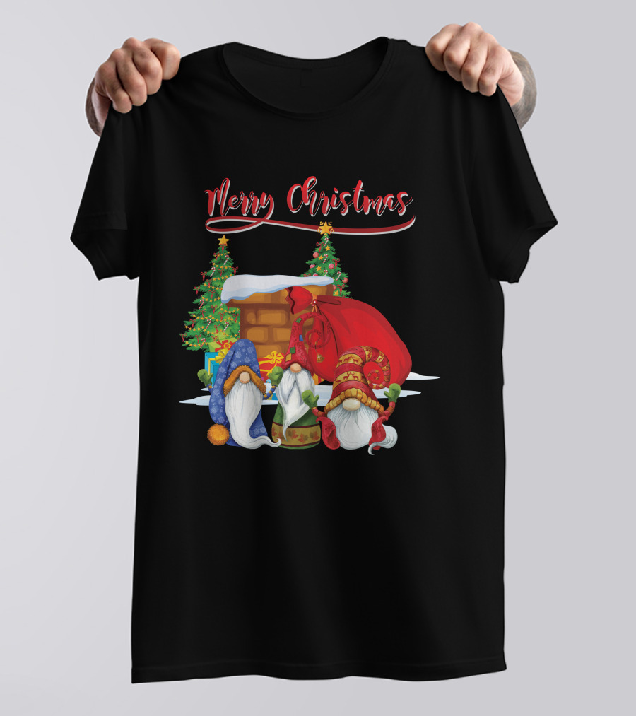 Merry Christmas Funny Gnomes With Santa's Sack And Festive Trees T-Shirt