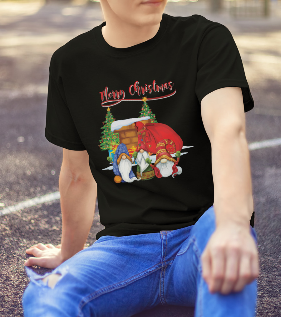 Merry Christmas Funny Gnomes With Santa's Sack And Festive Trees T-Shirt