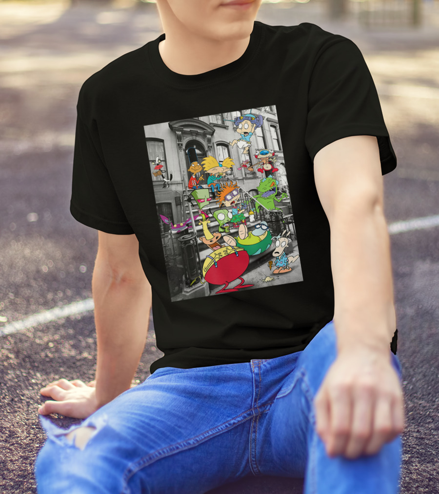 Classic Nicktoons Characters Sitting On Stoop Together In Black-and-White Background Scene T-Shirt