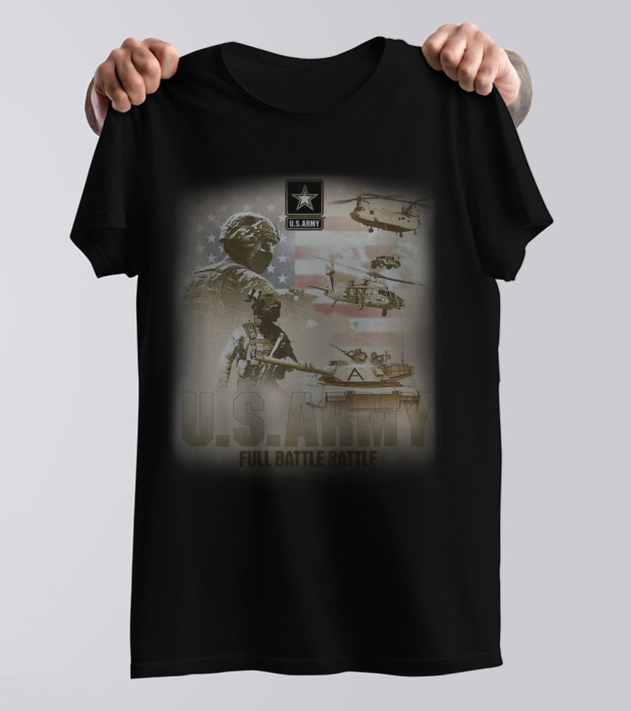 U.S. Army Full Battle Rattle Helicopters Tanks Flag T-Shirt